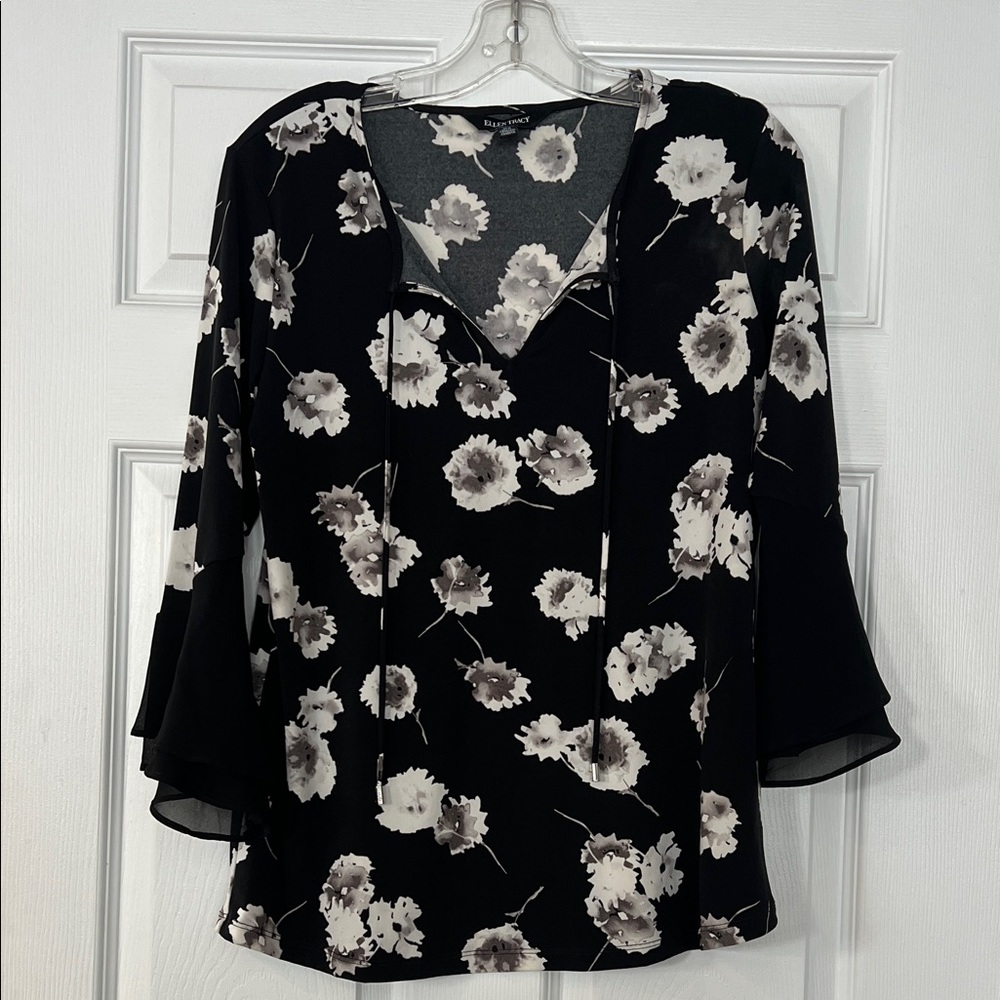 Ellen Tracy Black and White Floral Blouse